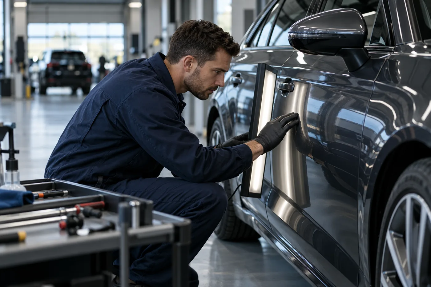 Technician inspecting a vehicle in a modern repair facility