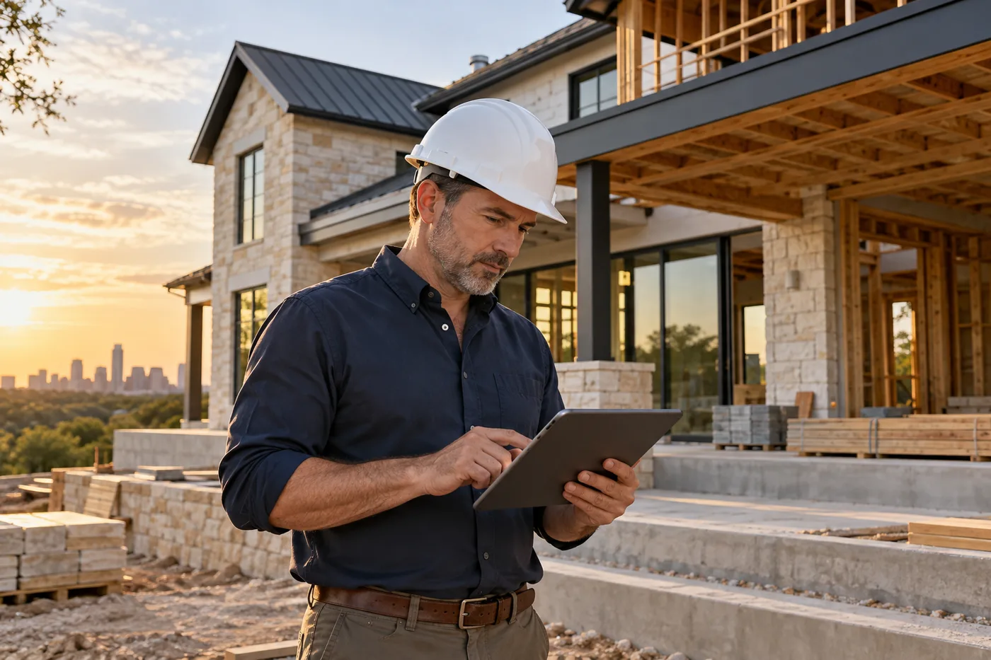 Construction project manager reviewing information on a residential job site