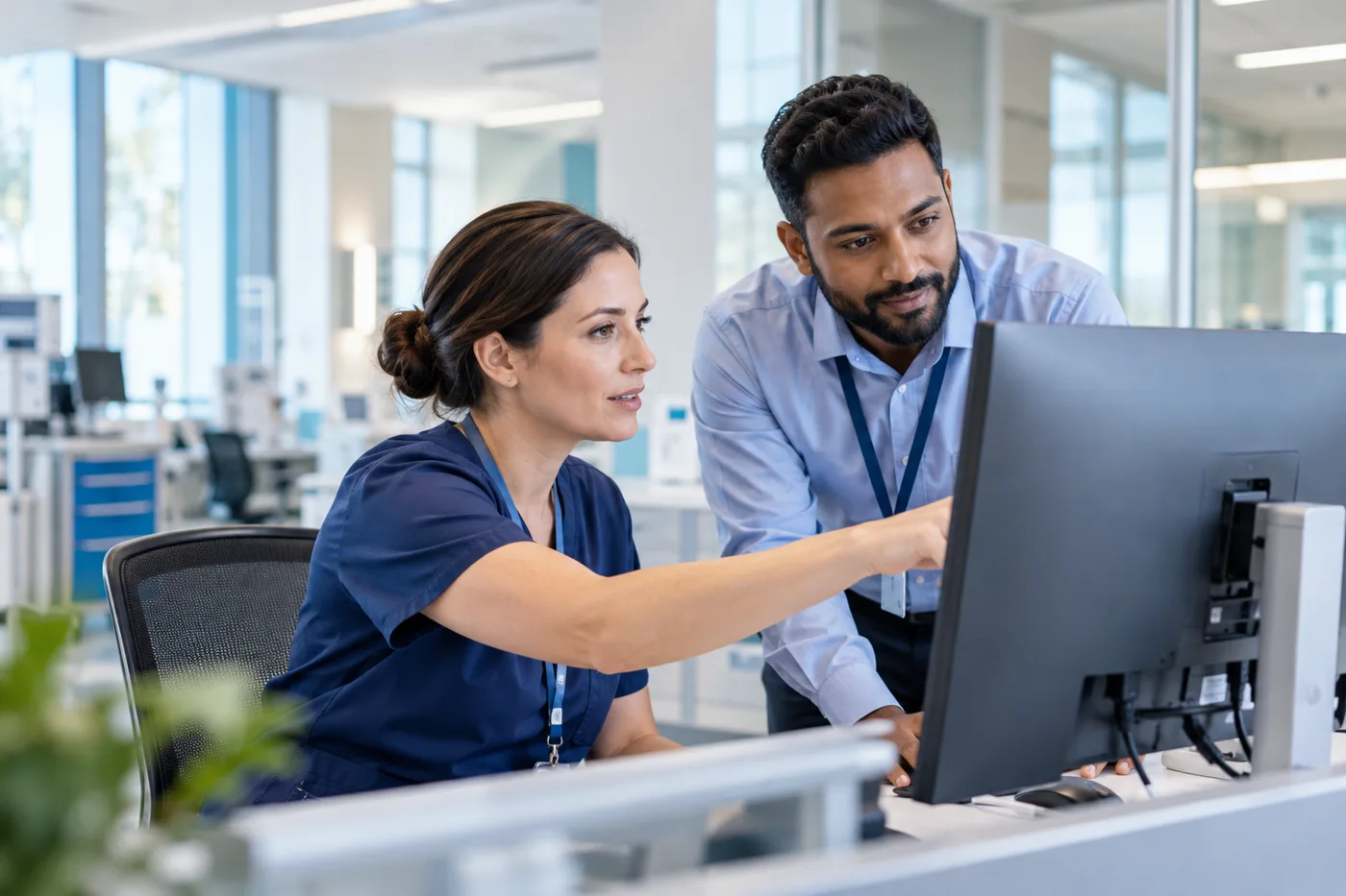 Clinical educator collaborating with a technology support specialist